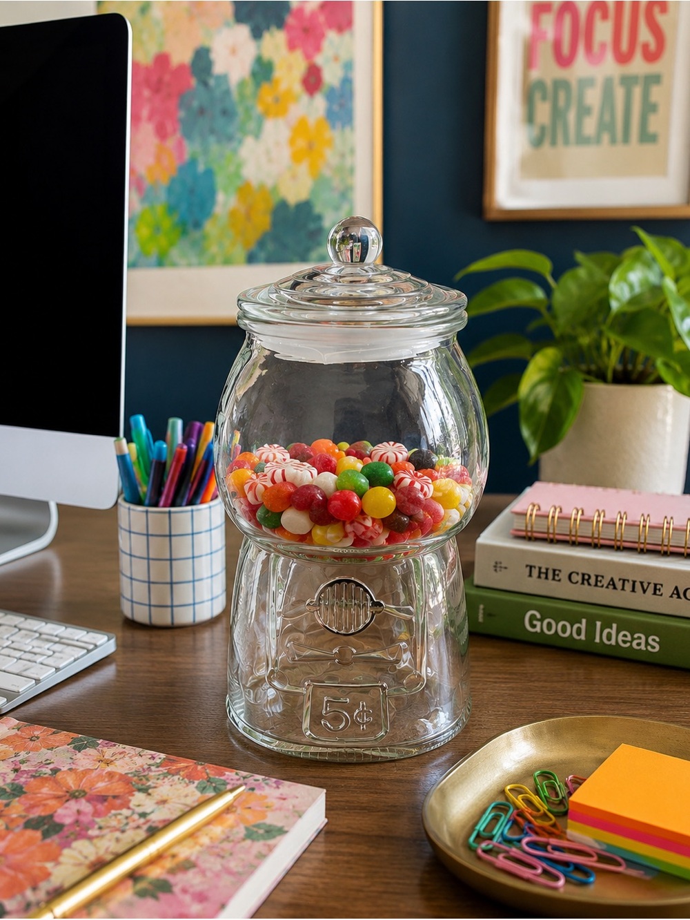 Vintage Glass Gumball Machine Candy Jar Canister – Air-Tight Lid – 7” Tall